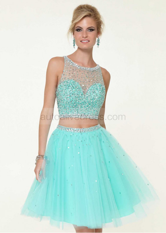Two Piece Beaded Tulle Keyhole Back Short Cocktail Dress